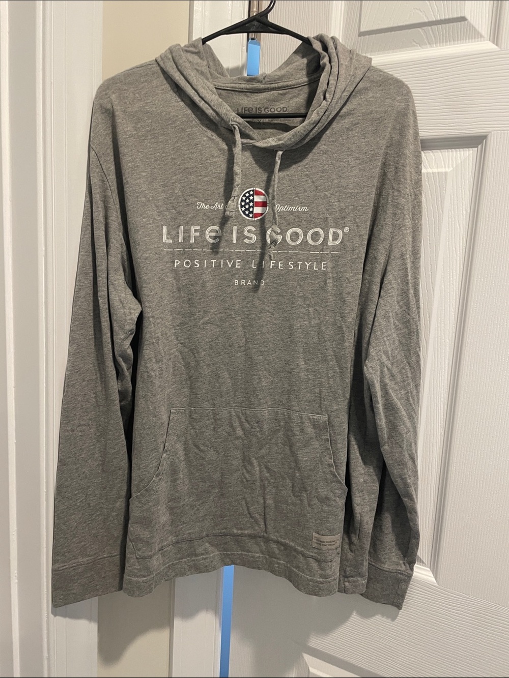 Life Is Good Gray Hooded Lightweight Pullover with White Logo and Flag Accent